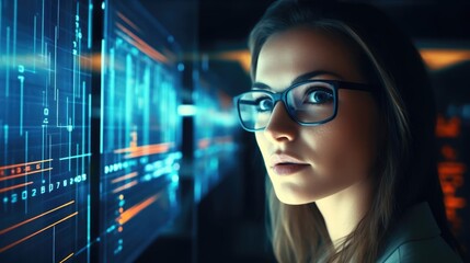 Close up Portrait of a woman in an ultramodern high tech server farm monitoring data streams