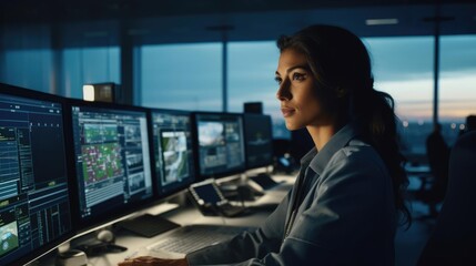 Portrait image of a woman in a bustling airport control tower coordinating takeoffs and landings amidst a myriad of screens - obrazy, fototapety, plakaty