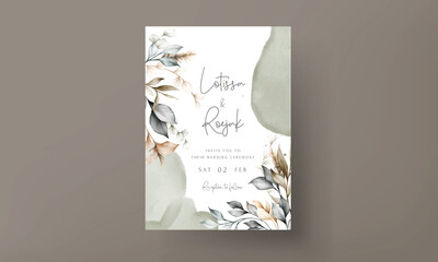 elegant brown leaves watercolor wedding card template