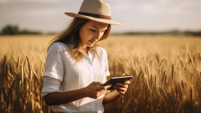 Portrait image of a woman in a vast wheat field with a tablet in hand examining crop health