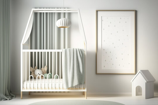 bedroom with crib and frame,. Generative AI