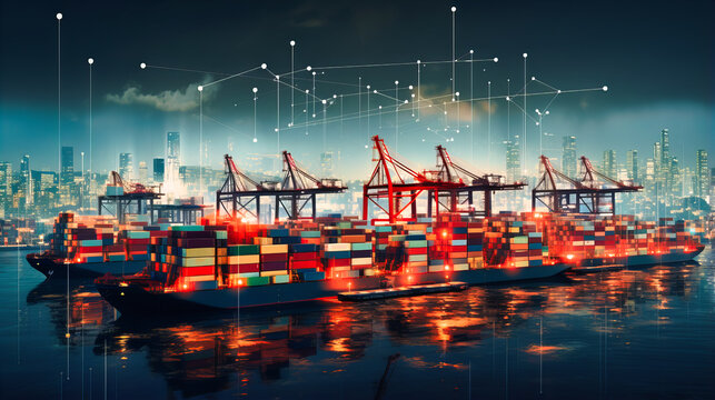 Virtual projections of bustling ports indicating international trade dynamics