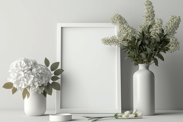 White mockup photo frame with clear vase and flowers. Elegant mockup frame idea. White backdrop. Generative AI