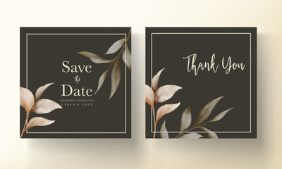 Elegant wedding invitation card with bohemian leaves watercolor