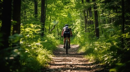 Fototapeta premium A person is riding a bicycle on a path in the mountains, AI generated