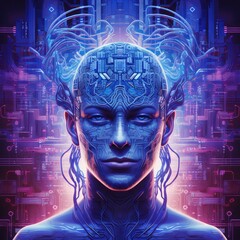 Chat, virtual assistant, supercomputer, central processing unit, cloud storage, neural network and artificial intelligence in the face of a man connected to the Internet, global web