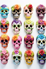 Foto op Aluminium Schedel Image of intricate sugar skulls arranged on a white background.