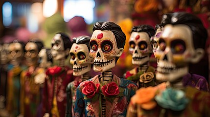 Image of the Day of the Dead with intricate puppets and large decorated skulls.