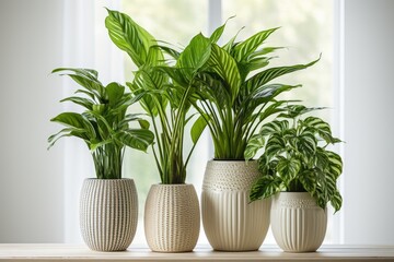Image of tall houseplants in ceramic pots on a white background.