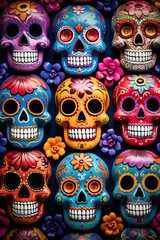 Image of intricate sugar skulls arranged on a dark background.
