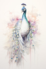 Beautiful peacock in pale colors, watercolor, animal illustration.
