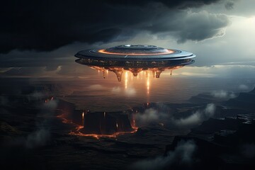 An image of an alien spaceship breaks through the clouds.