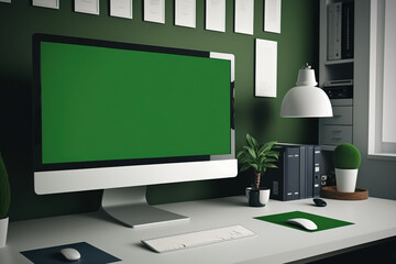 Personal computer mockup Green Screen Display on Prominent Designer's Cozy Home Office Living Room Desk. Generative AI