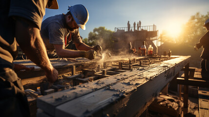 Bricklayers at work,construction of modern buildings - obrazy, fototapety, plakaty