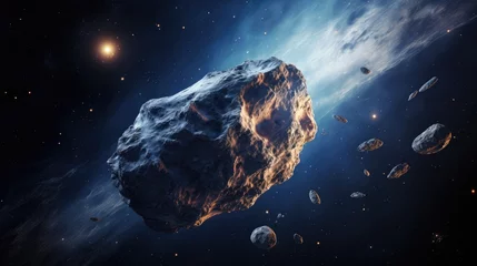 Deurstickers Heelal An image of a rocky asteroid flying through space.