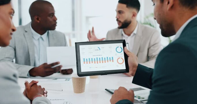 Business people, tablet and meeting in marketing statistics, graph or chart discussion at office. Group in team planning on technology in data analytics, strategy or corporate analysis at workplace