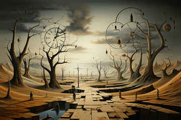 Surreal landscape, fantasy World with desert and clocks, illustration - obrazy, fototapety, plakaty