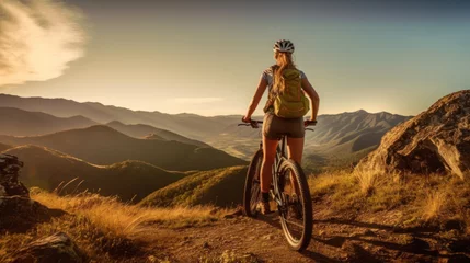Wall murals Bike Woman stands with sports bike on mountain top, person on bicycle in summer