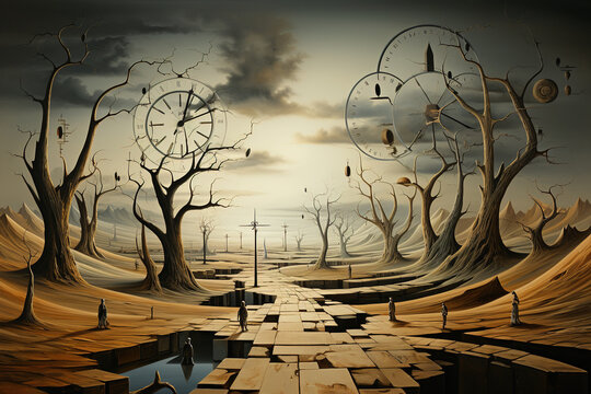 Surreal landscape, fantasy World with desert and clocks, illustration