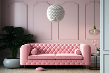 Pink couch romantic living room. Mockup interior. Generative AI