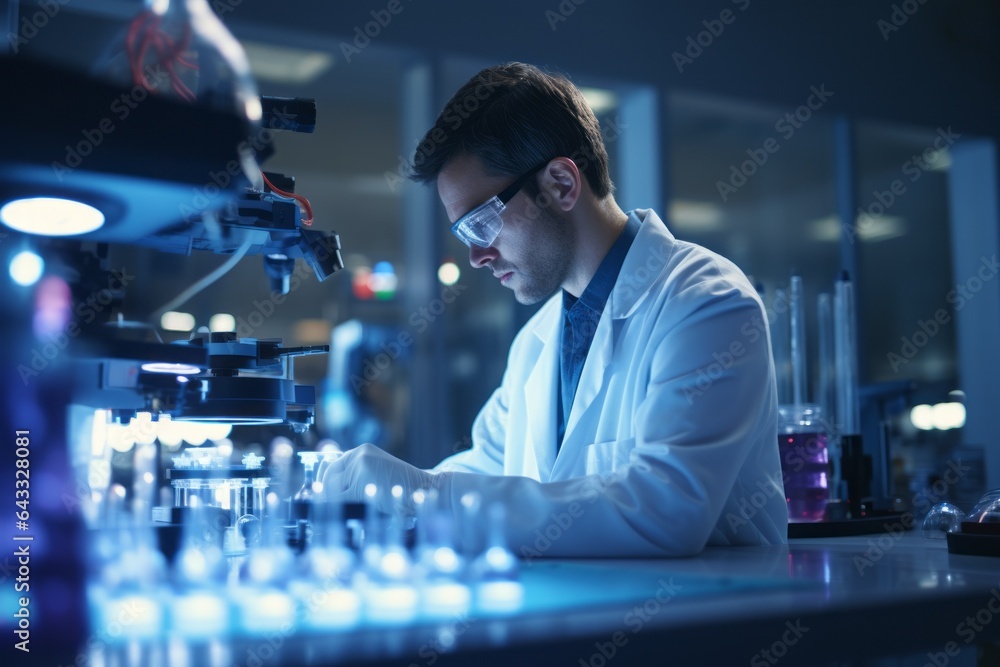 Poster a lab worker conducts experiments. background with selective focus and copy space