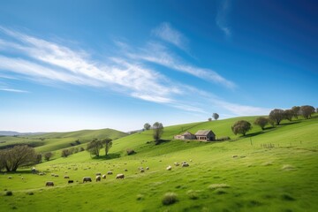 Hut and flock of sheep on green meadow