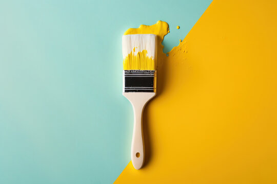 Mock-up image of a paintbrush with white paint on a yellow background. Generative AI
