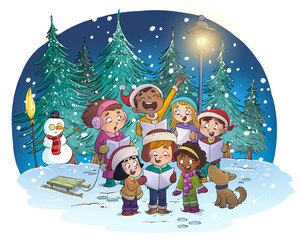 Naklejka premium Children singing in a Christmas choir while it snows