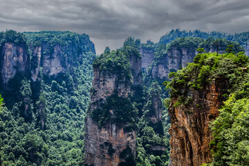Avatar Hallelujah Mountain in Zhangjiajie stone pillars cliff mountains in fog clouds at Wulingyuan...