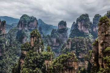 Avatar Hallelujah Mountain in Zhangjiajie stone pillars cliff mountains in fog clouds at Wulingyuan - famous tourist attraction of China. Wulingyuan, Hunan, China.