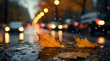 rainy city street on Autumn evening,yellow leaves fall on puddle,car traffic blurred light 