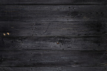 Weathered black wood texture background. Black stained wooden billboard close-up. Horizontal direction boards. Wavy pattern of wood fibers. - obrazy, fototapety, plakaty