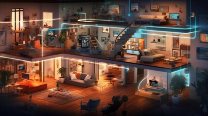 Smart devices in a home, communicating with each other and forming a network that enhances daily life, exemplifying the concept of IoT