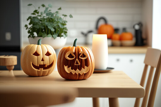 Wooden table with Halloween-carved pumpkins. Autumn-themed interiors. modern kitchen with trees and chairs,. Generative AI