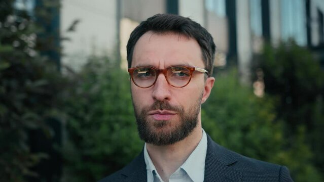 Business portrait in city Caucasian businessman disapproval negative not never waving head restrict bad idea no disbelief confident man professional business investor office employer refuse outdoors