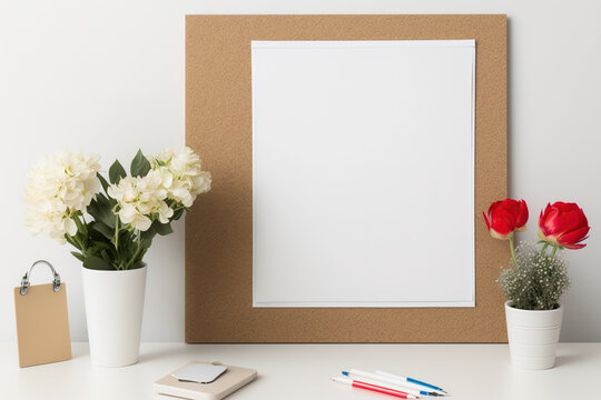 MockUp. A corkboard with two crisp, white stickers fastened to it and an empty frame. A red apple, a white cup, and a little floral arrangement. Desktop Concept in White. Generative AI