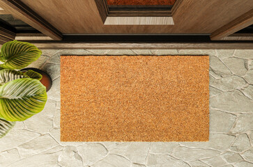 Overhead of blank doormat on the porch at the front door.