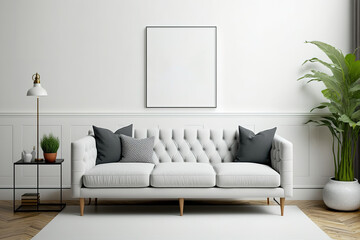 living room mock-up interior poster with sofa against blank white wall,. Generative AI