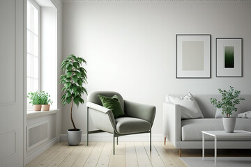 White walls, a wooden floor, a soft green and silver armchair, and a small coffee table make up the interior of this minimalist living room. simulated toned image. Generative AI