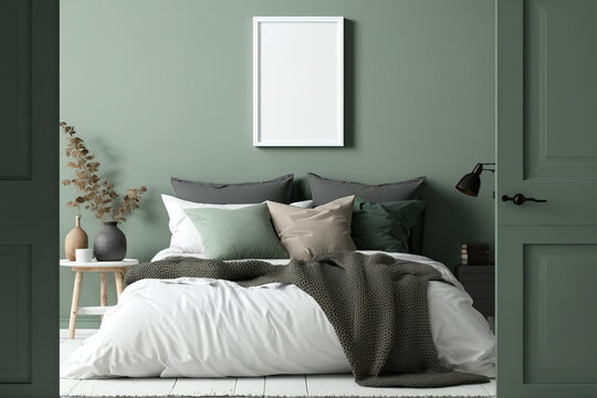 Black portrait frame mockup on sage green wall. White-door bedroom view. Grey linen, rusty muslin pillows on wooden bed. Nordic interior. Dry grass in ceramic vase. Generative AI