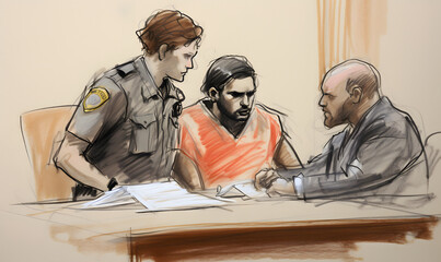 courtroom sketch scene showing an incarcerated male, a lawyer or prosecutor, and a court bailiff with red hair