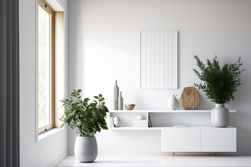 Modern white living room with wooden accents and parquet floor, minimalist interior architecture, wooden tabletop or shelf with minimalistic vases,. Generative AI