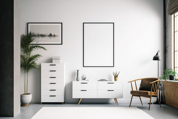 Modern living room with white walls, concrete floor, gray chest of drawers, vertical mock-up poster frame, and home office in background. Generative AI