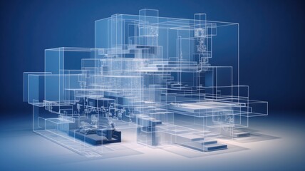 A blueprint morphing into a 3D structure, illustrating the transition from an idea in the mind to a tangible concept