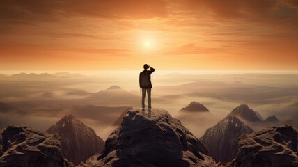 A person looking through binoculars towards a distant horizon, capturing the forward-looking and aspirational nature of visionary thinking