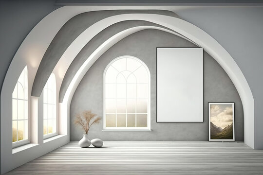 Poster gallery mockup with enormous horizontal banners. Gray walls, arched windows, attic roof. Advertising concept. Generative AI