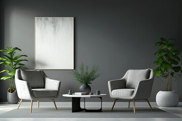 extensive lounge area. a living area with an art-worthy gray wall. Two accent white armchairs and a coffee table in gray. For the inside of a home or workplace, use minimalism. Generative AI
