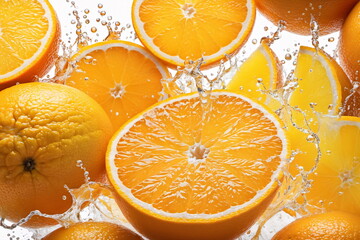 Illustration von  Orangen mit Spritzwasser, isoliert auf wei&szlig;em Hintergrund.