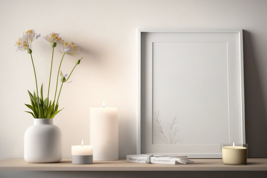 Close-up interior wall mockup in a minimalistic, neutral design with decorations on a shelf,. Generative AI