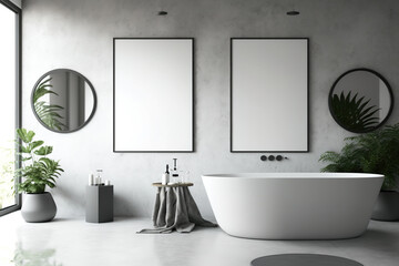 Gray bathroom with bathtub, double sink with circular mirrors, concrete floor, and framed poster. angle. mockup. Generative AI